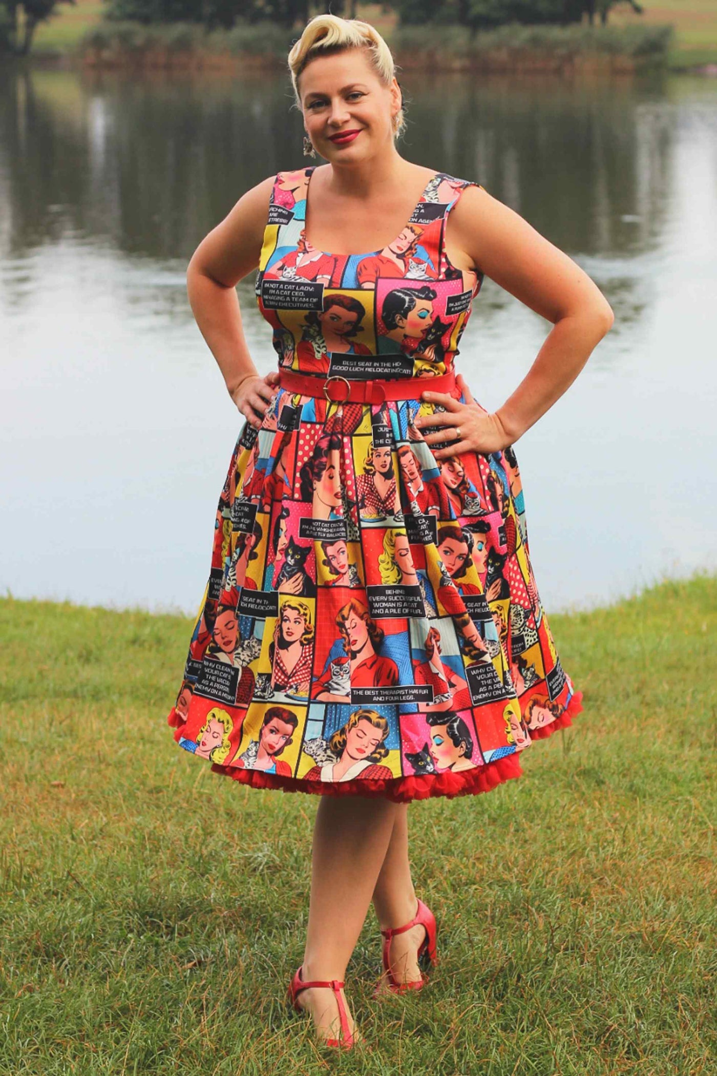 A model wearing a Cat Lover Comic Dress