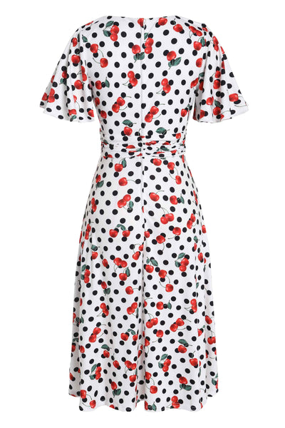 Back view of Retro Cherry and  Polka Dot Print Dress in white