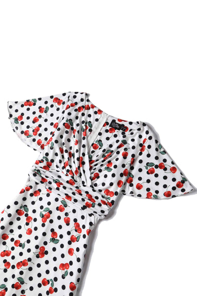 Close up view of Retro Cherry and  Polka Dot Print Dress in white