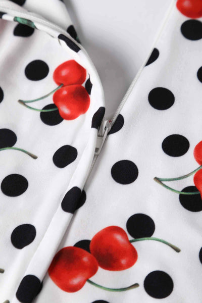 Close up view of Retro Cherry and  Polka Dot Print Dress in white