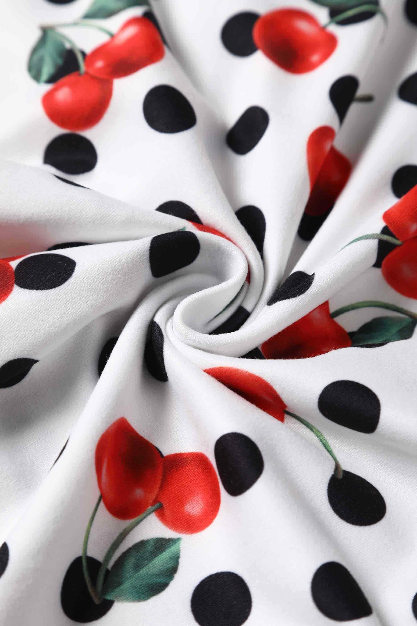 Close up view of Retro Cherry and  Polka Dot Print Dress in white