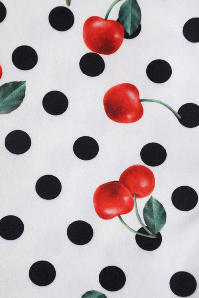 Close up view of Retro Cherry and  Polka Dot Print Dress in white