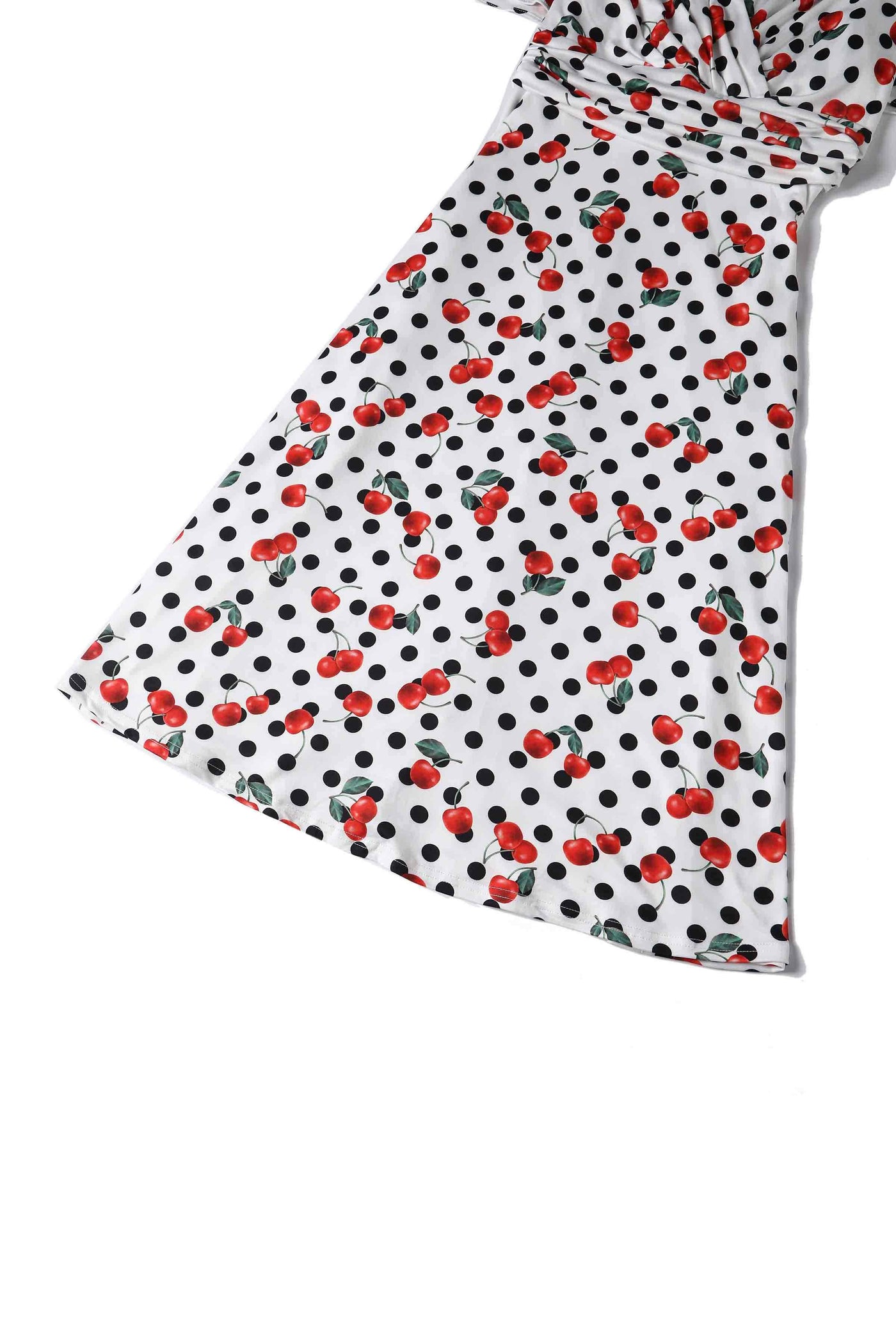 Close up view of Retro Cherry and  Polka Dot Print Dress in white