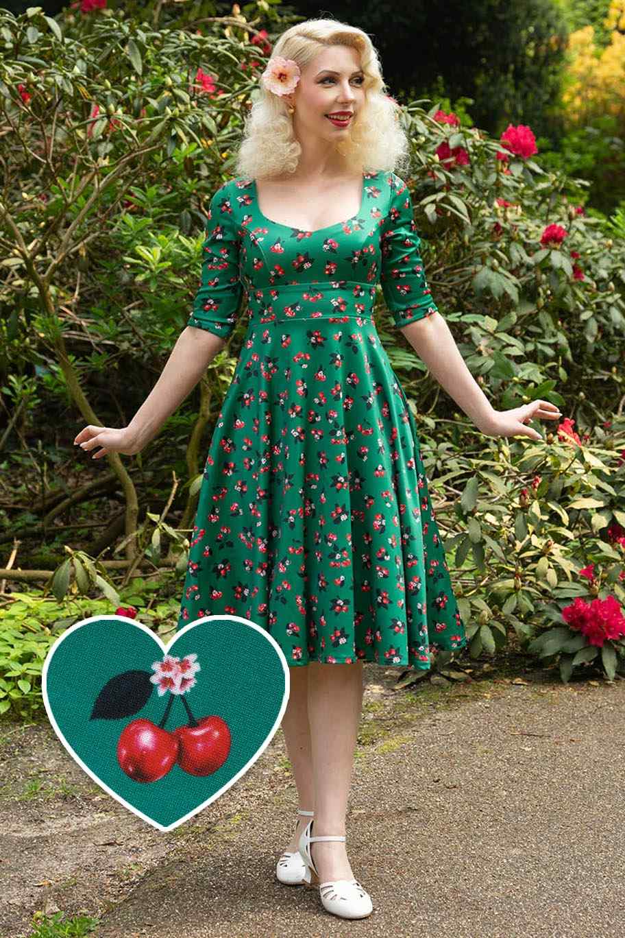 Model photo of Cherry Emerald Green Midi Dress