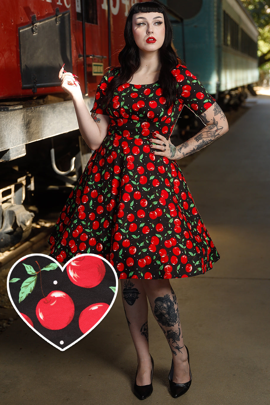 A model wearing Retro Cherry Flared Dress