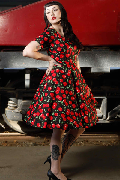 Front view of model wearing Retro Cherry Flared Dress