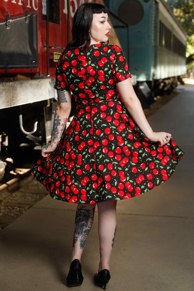 Back view of model wearing Retro Cherry Flared Dress