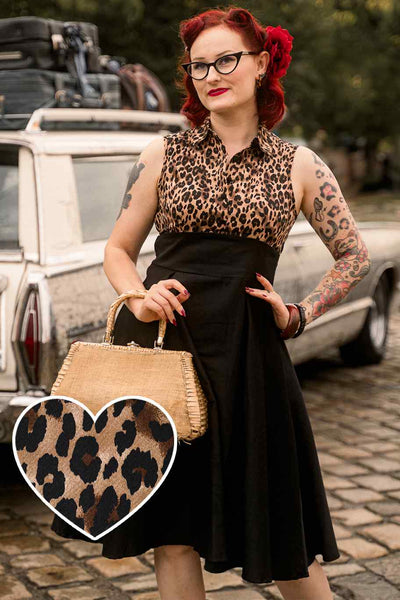 A model wearing a Retro Leopard Print Shirt Dress