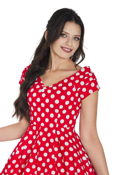 Model wearing Retro Off Shoulder Red Polka Dot Swing Dress