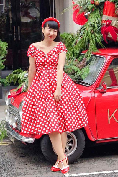 Model wearing Retro Off Shoulder Red Polka Dot Swing Dress
