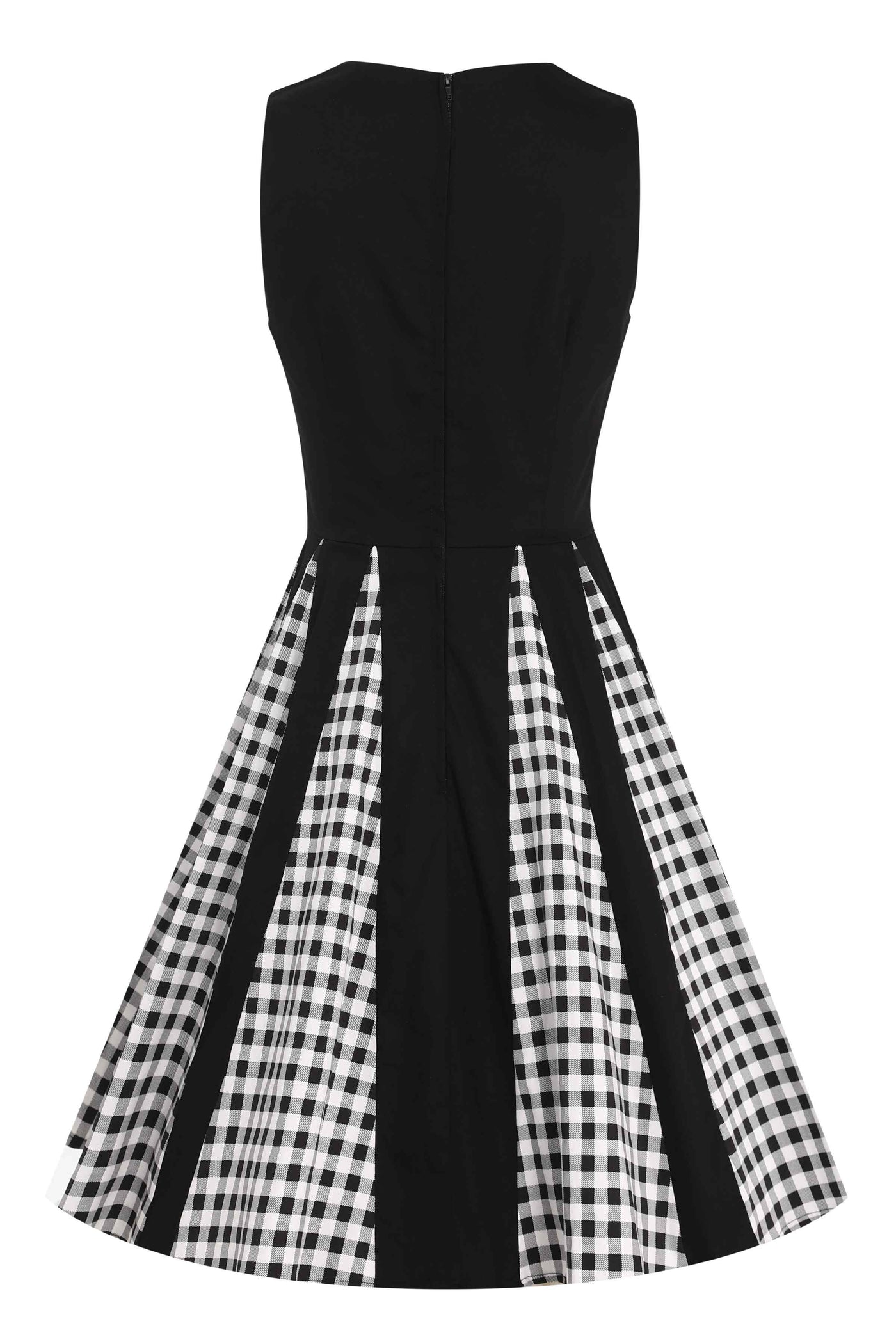 Back view of Retro Pleated Black Dress With Gingham Check