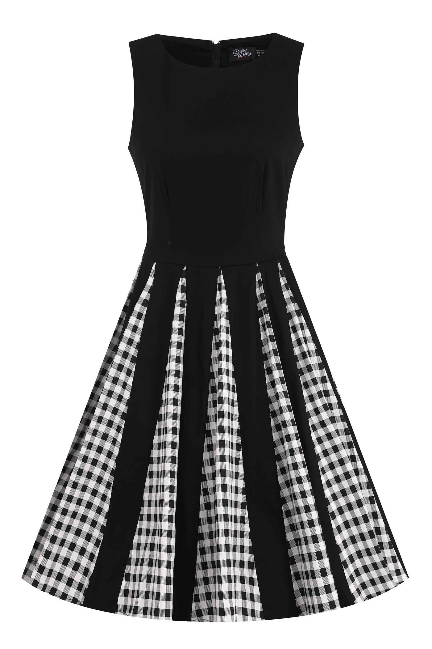 Front view of  Retro Pleated Black Dress With Gingham Check