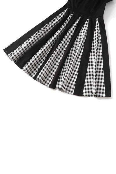 Close view of Retro Pleated Black Dress With Gingham Check