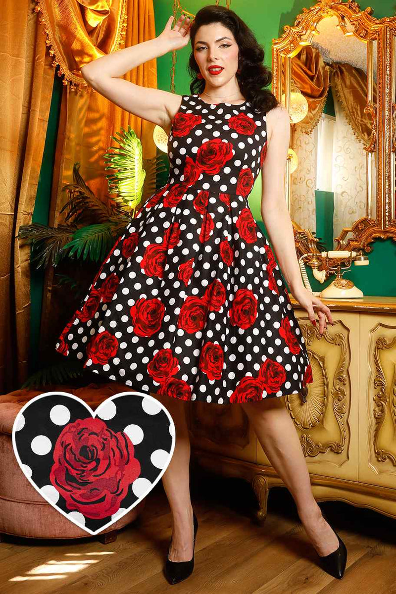 Annie Retro Swing Dress in Black Red Rose Spot Print 8