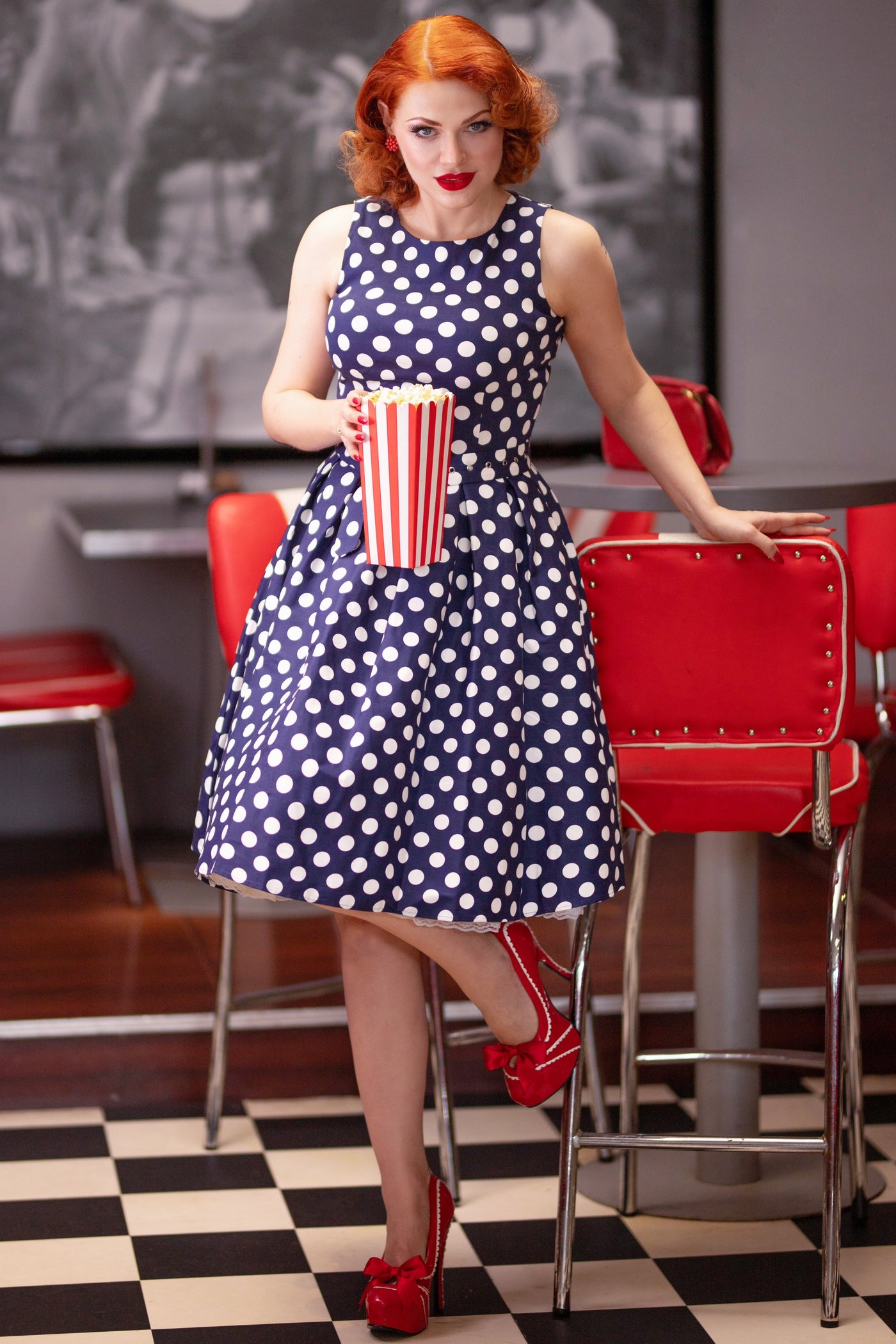 Retro Swing Dress in Navy Blue and White Dots