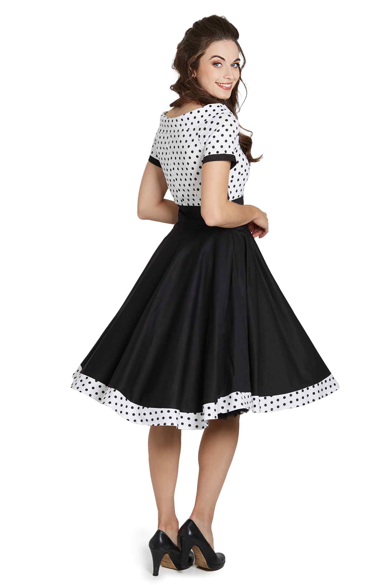 Woman's Retro Swing Dress in White/Black Polka