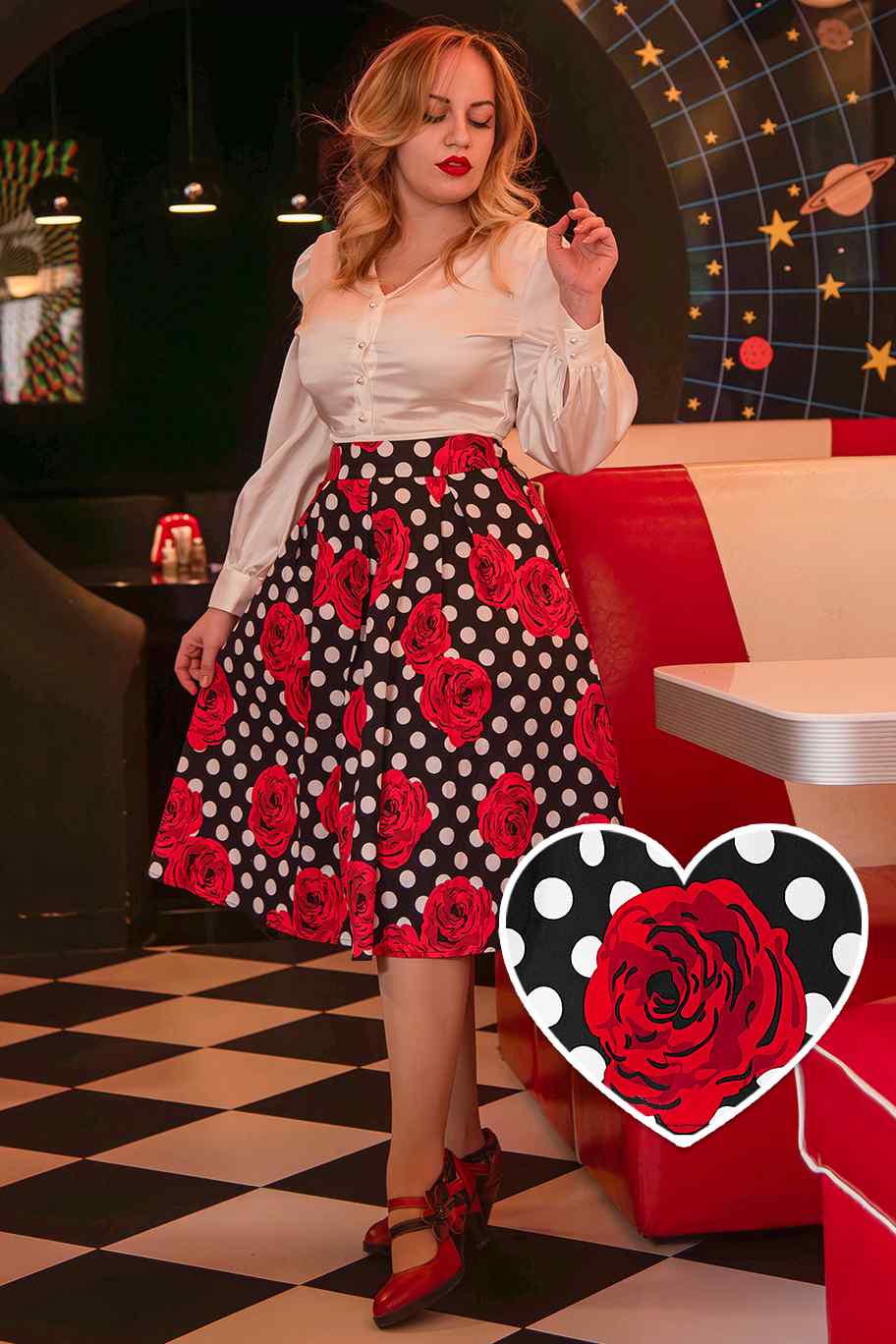 A lady wearing a Retro Swing Skirt in Roses & Polka Dots