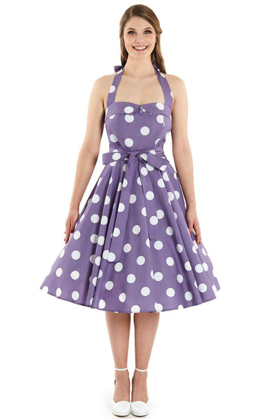 Mode photo of Rockabilly 1950's Halterneck Dress in Purple Polka Dots