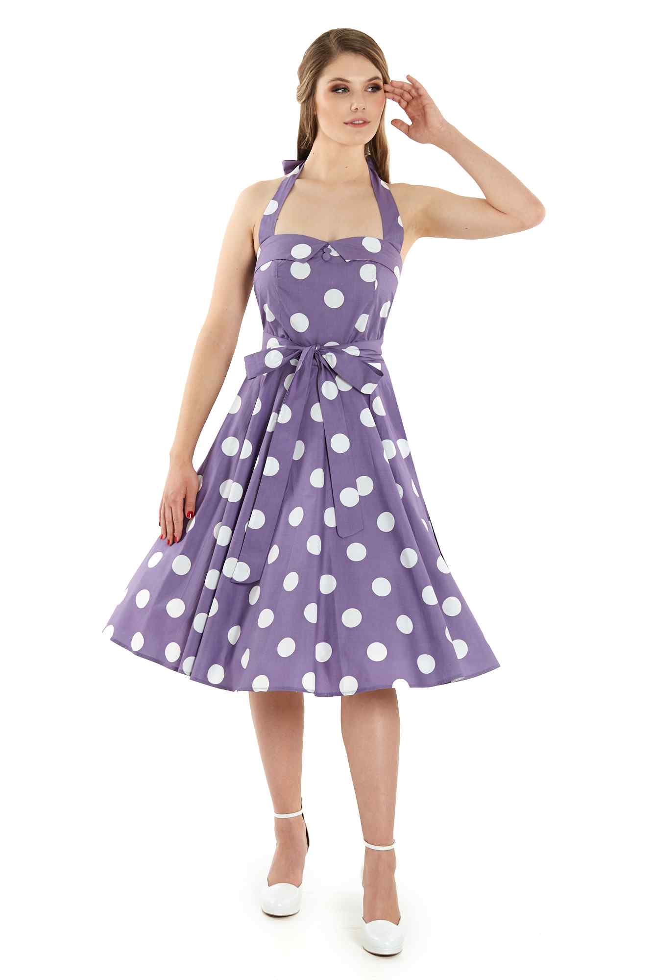 Mode photo of Rockabilly 1950's Halterneck Dress in Purple Polka Dots