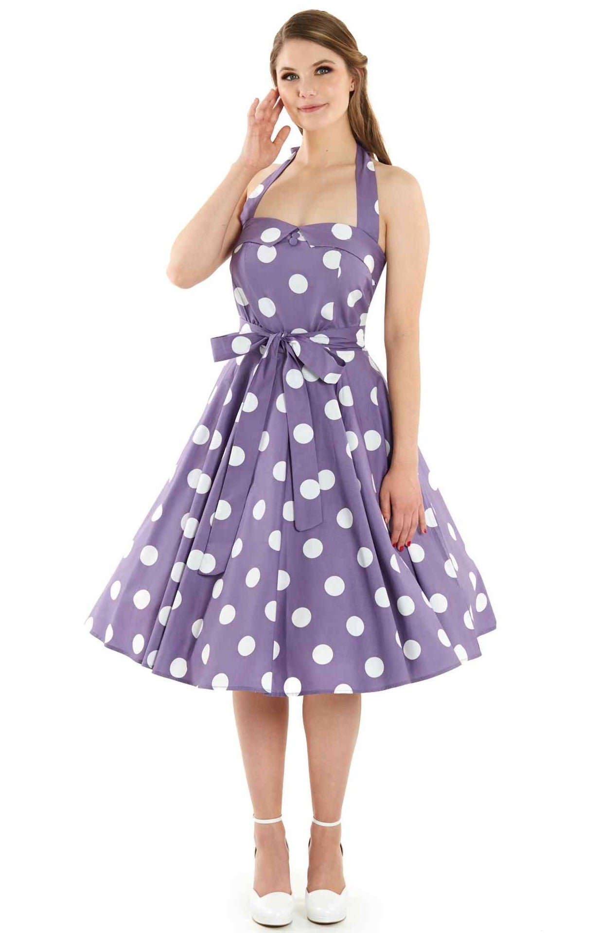 Mode photo of Rockabilly 1950's Halterneck Dress in Purple Polka Dots