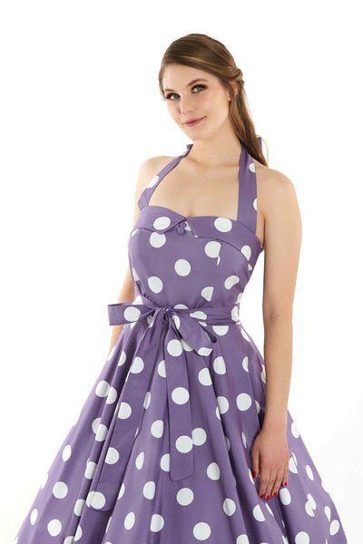 Mode photo of Rockabilly 1950's Halterneck Dress in Purple Polka Dots