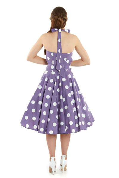 Mode photo of Rockabilly 1950's Halterneck Dress in Purple Polka Dots