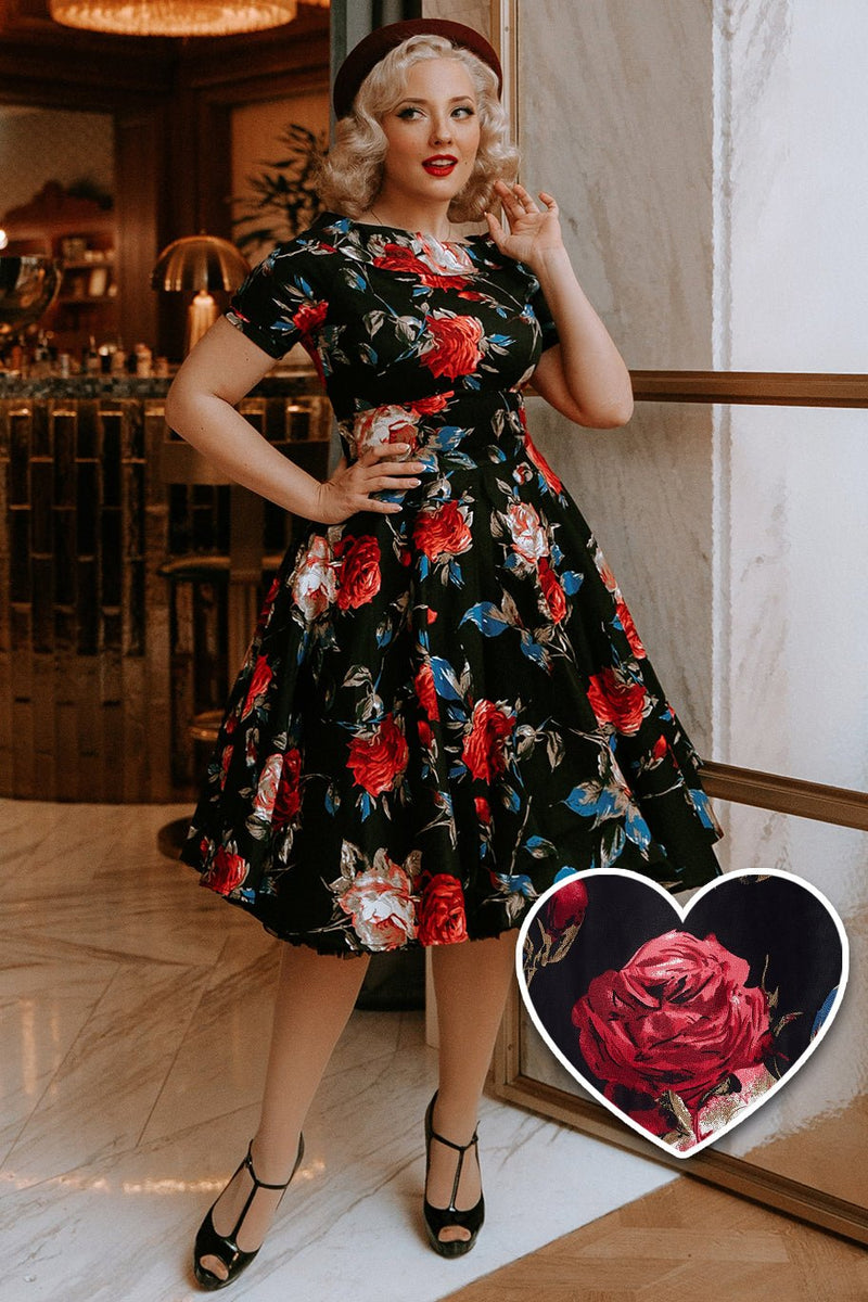 Rockabilly Floral Roses Swing Dress in Black