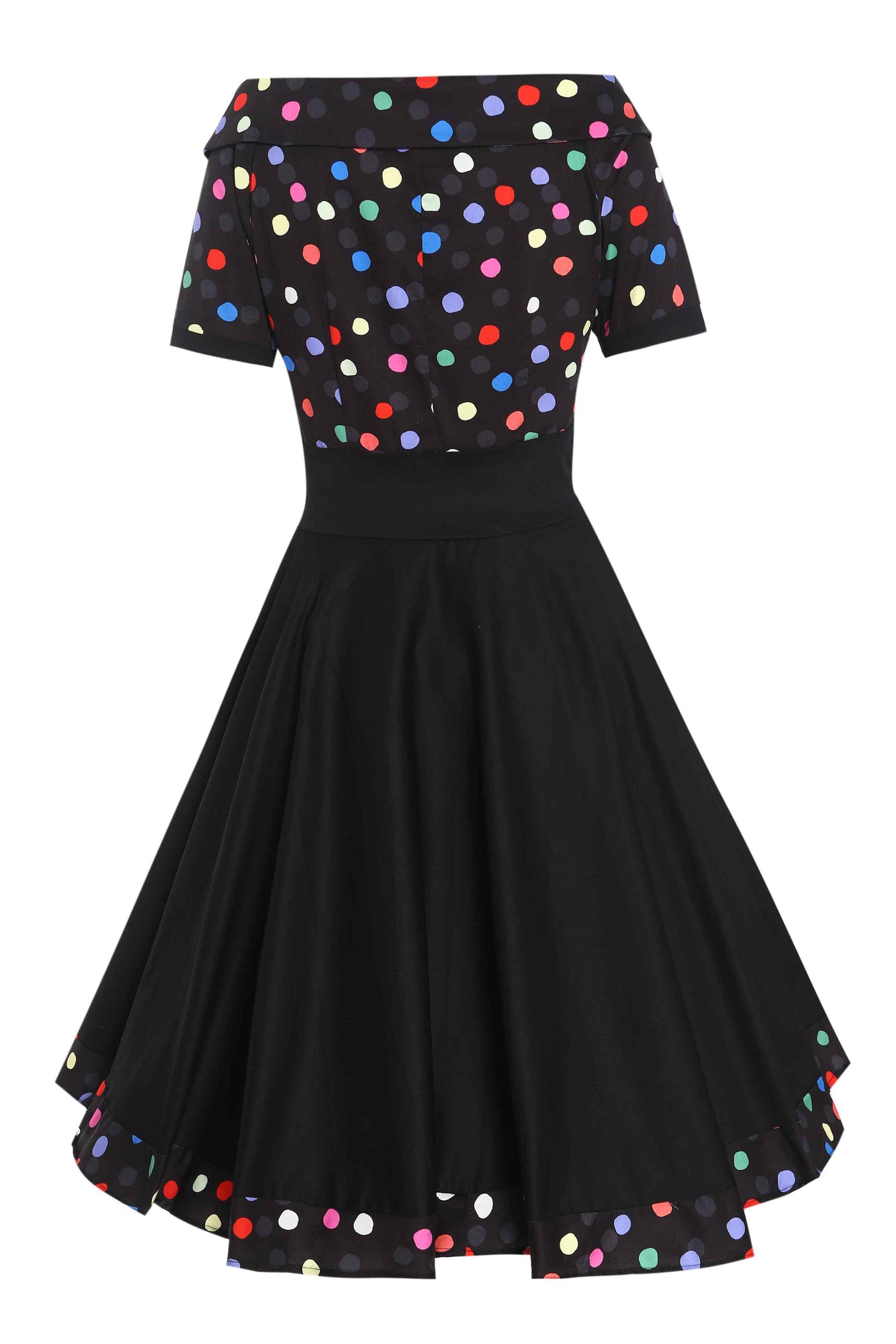 Back view of Rockabilly Multicolour Polka Dot Circle Dress In Black