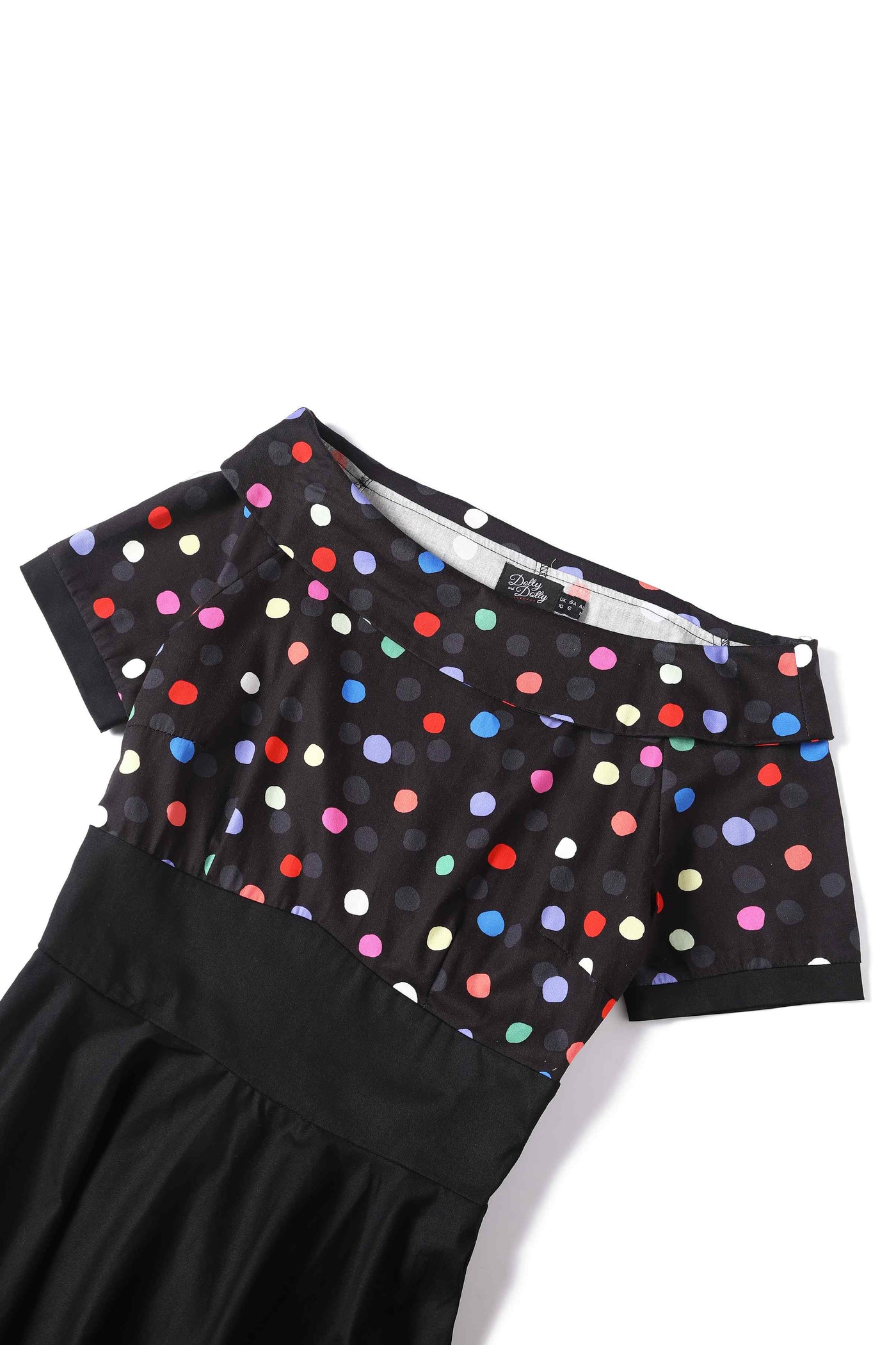 Close up view of Rockabilly Multicolour Polka Dot Circle Dress In Black