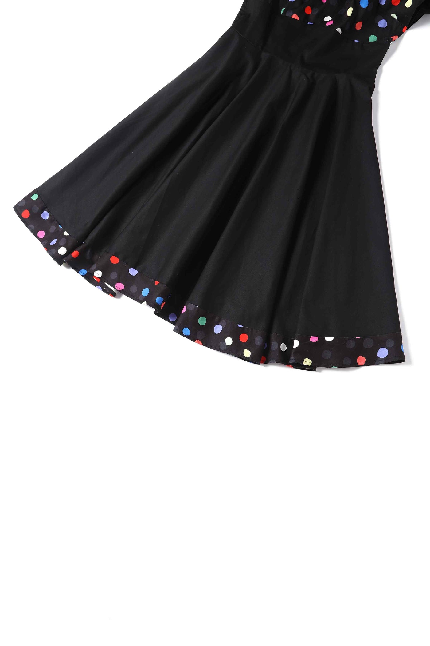 Close up view of Rockabilly Multicolour Polka Dot Circle Dress In Black