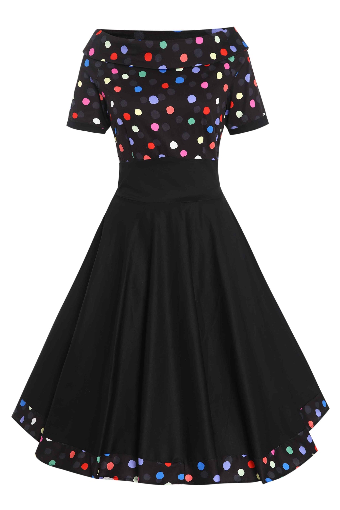 Front view of Rockabilly Multicolour Polka Dot Circle Dress In Black