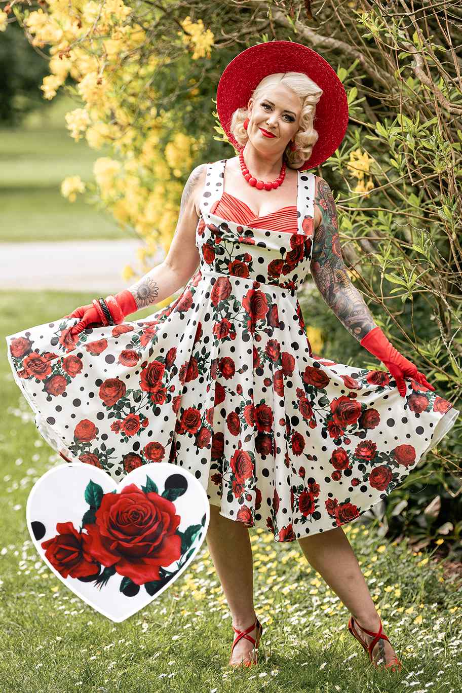 A model wearing a Rockabilly Red Rose Pleated Bust Dress