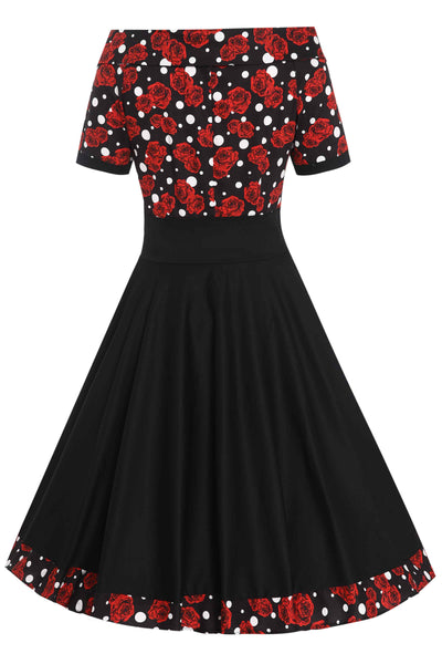 Back View of Rockabilly Rose Polka Dot Swing Dress In Black 