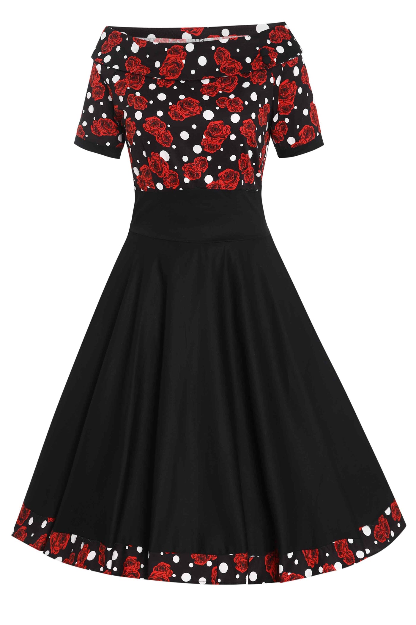 Front view of Rockabilly Rose Polka Dot Swing Dress