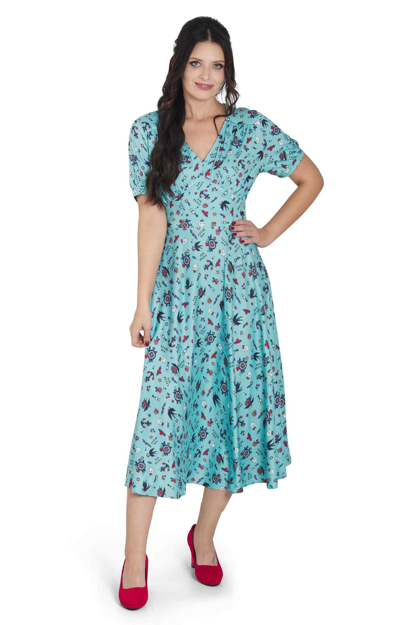 Model wearing Blue Rockabilly Swallow Sleeved Dress
