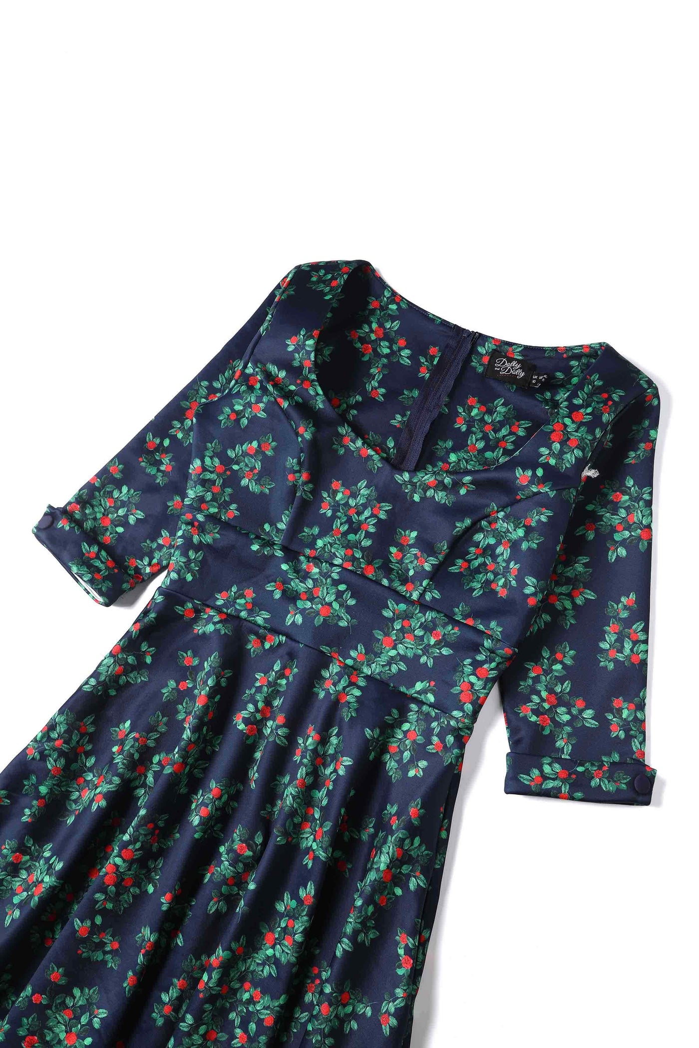 Close up view of Rosebud Midi Dress On Navy Blue