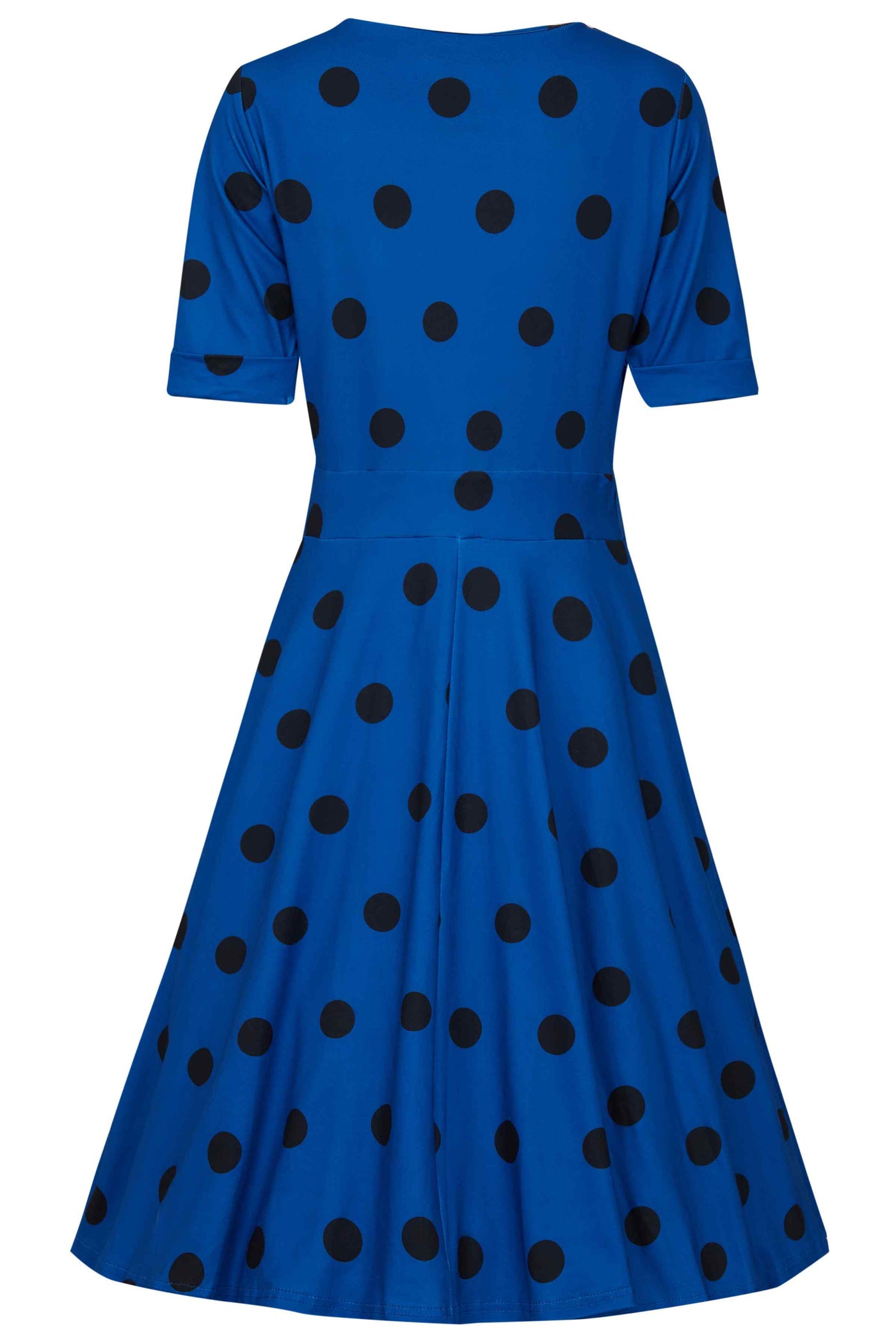 Back view of Royal Blue Polka Dot Wrap Dress