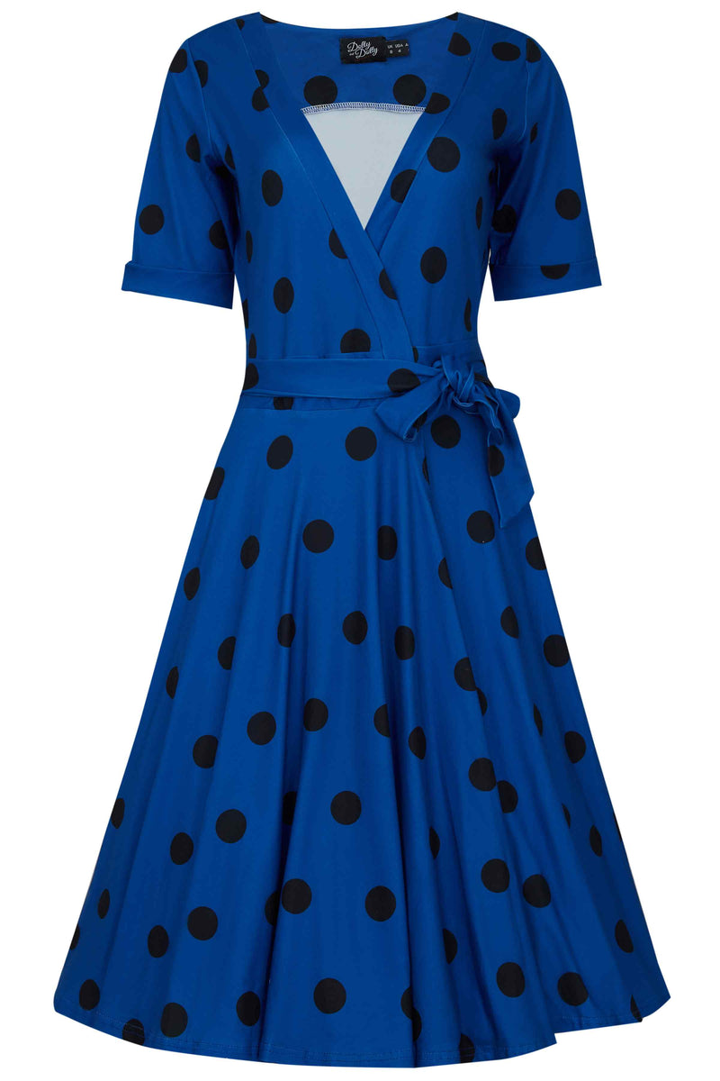 Front view of Royal Blue Polka Dot Wrap Dress