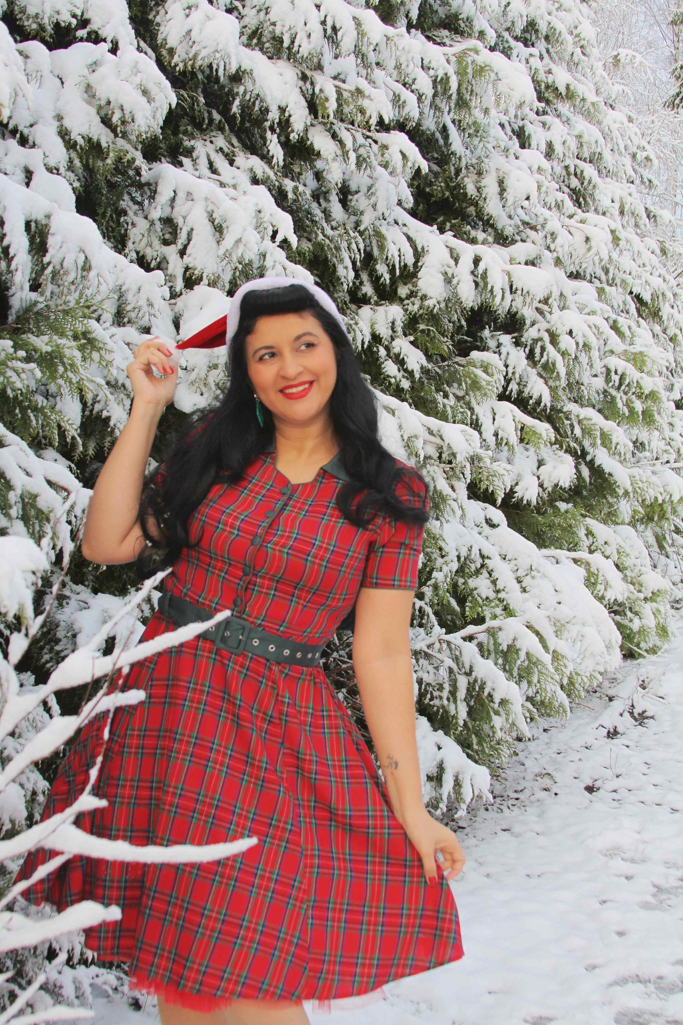 A model wearing Royal Stewart Red Tartan Shirt Dress