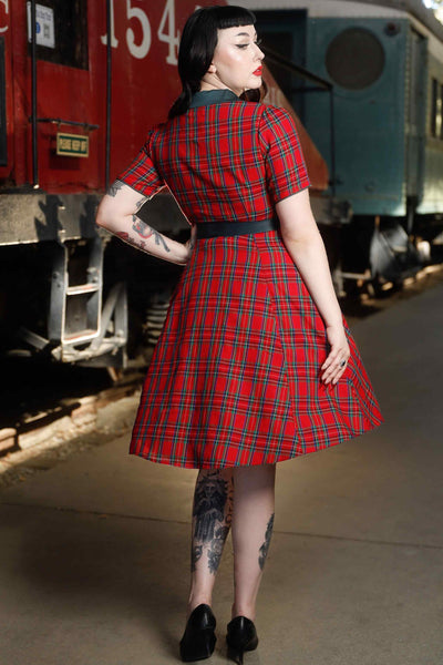 Back view of model wearing Royal Stewart Red Tartan Shirt Dress