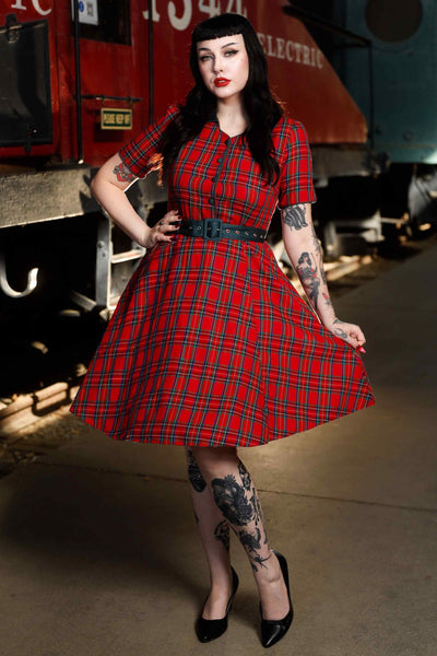 A model wearing Royal Stewart Red Tartan Shirt Dress