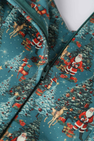 Close up view of Santa & Reindeer Green Circle Dress