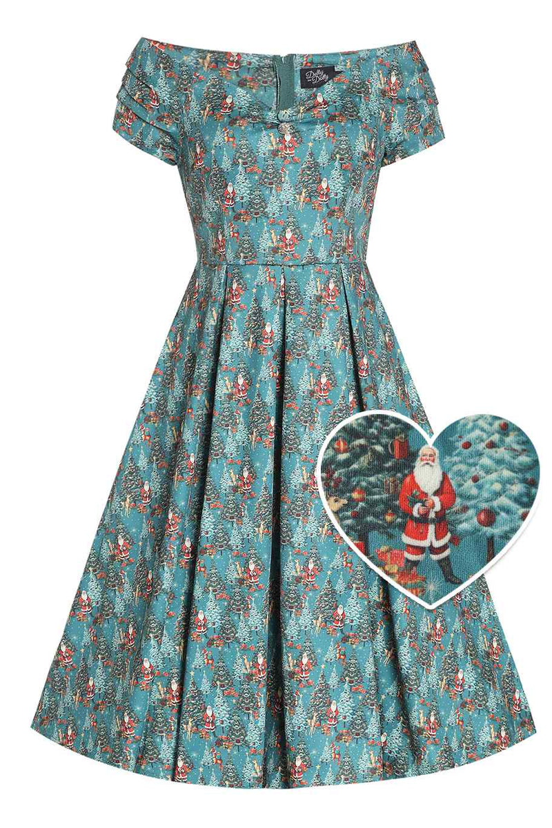 Front view of Santa & Reindeer Green Circle Dress