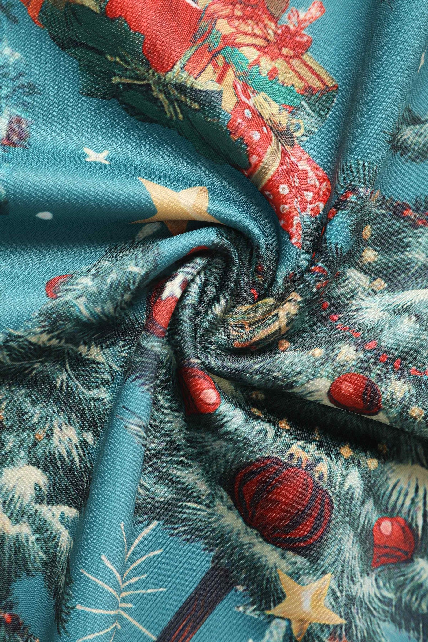 Close up view of Santa Is Back In Town Dress In Teal Blue