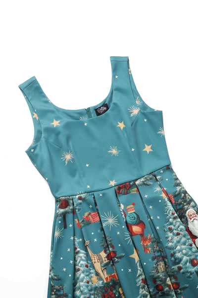 Close up view of Santa Is Back In Town Dress In Teal Blue