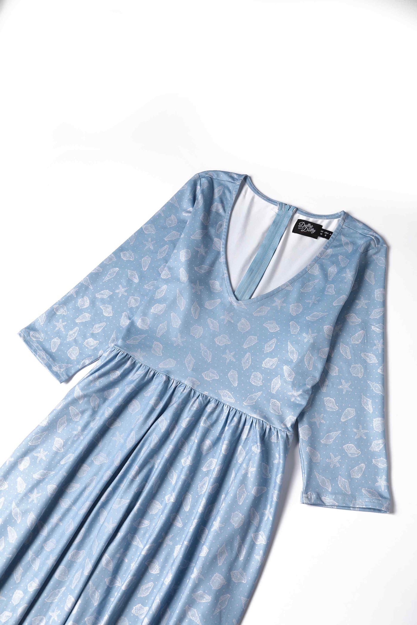 Close up view of Seashell Print Casual Dress in Light Blue