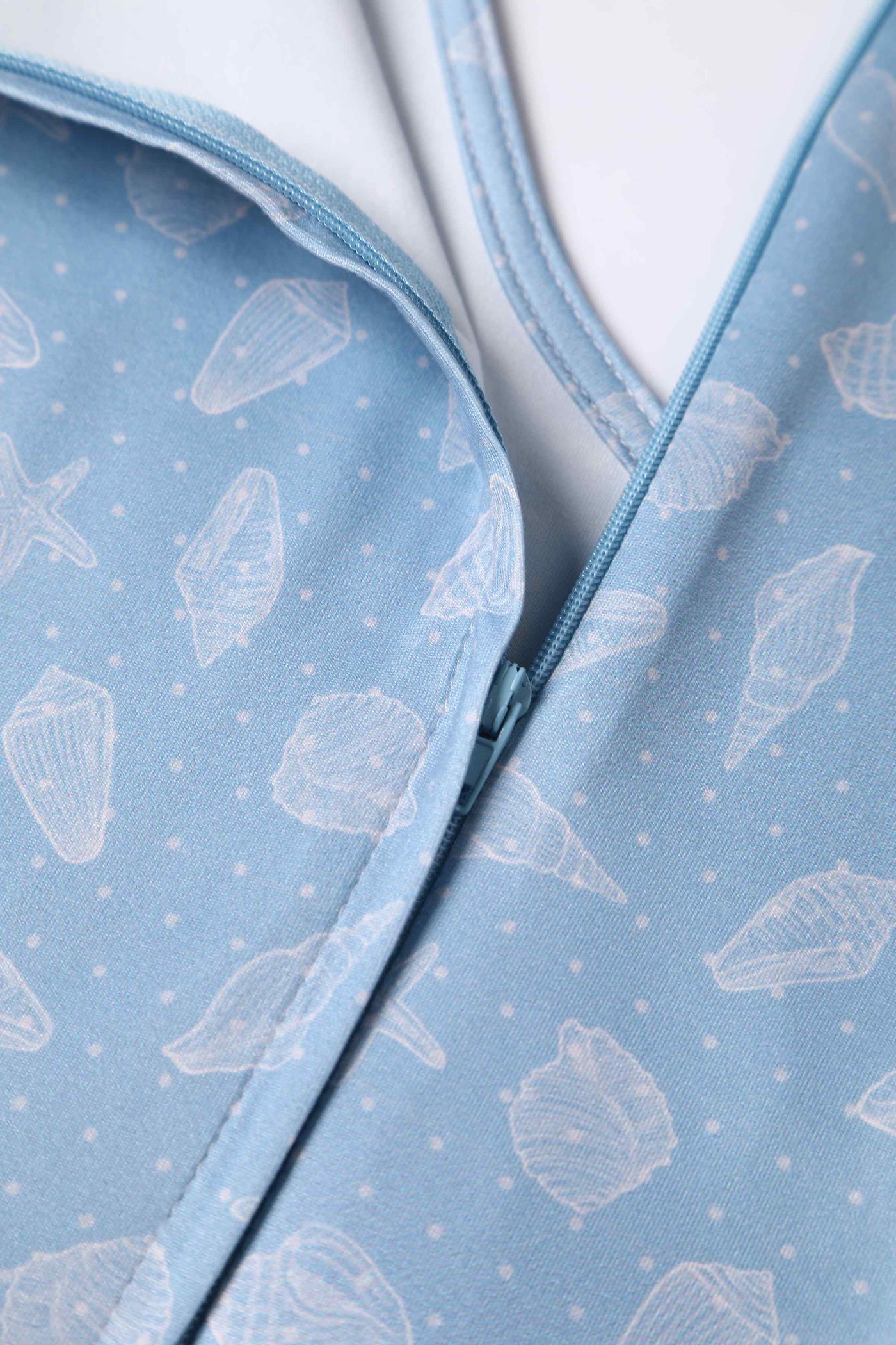 Close up view of Seashell Print Casual Dress in Light Blue