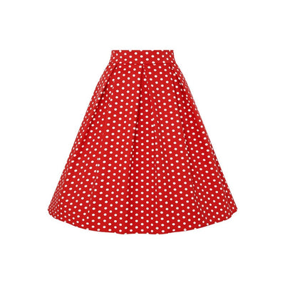 High waisted, flared skirt, in red polka dot print, front view
