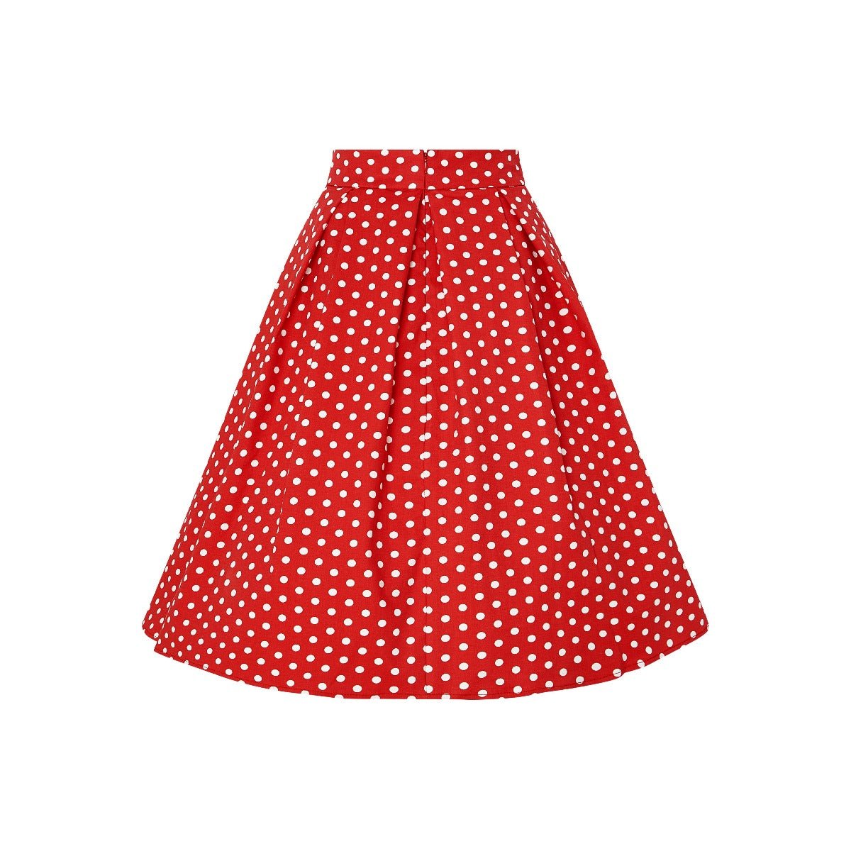 High waisted, flared skirt, in red polka dot print, back view