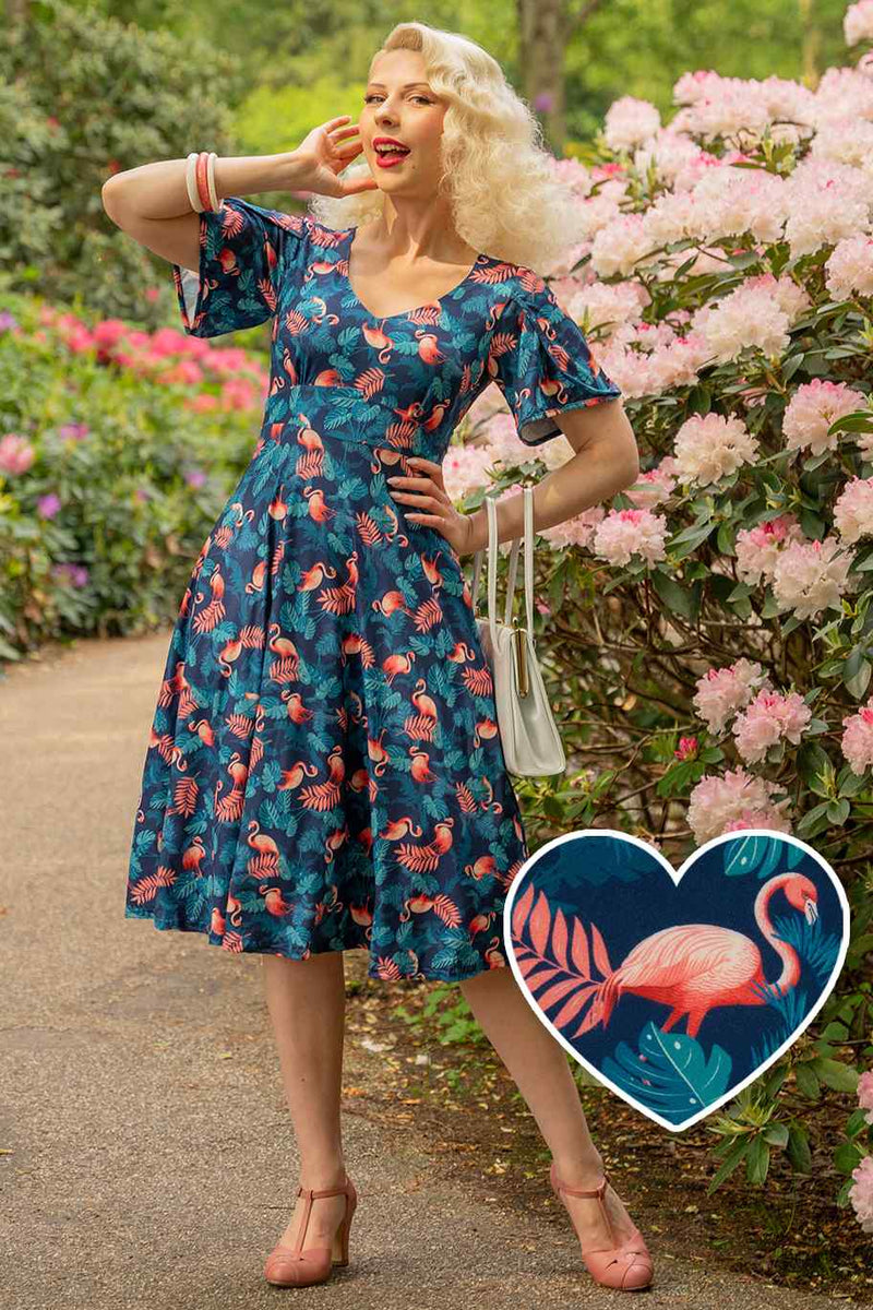 Janice Sleeved Tea Dress In Blue Flamingo Leaves Print 8